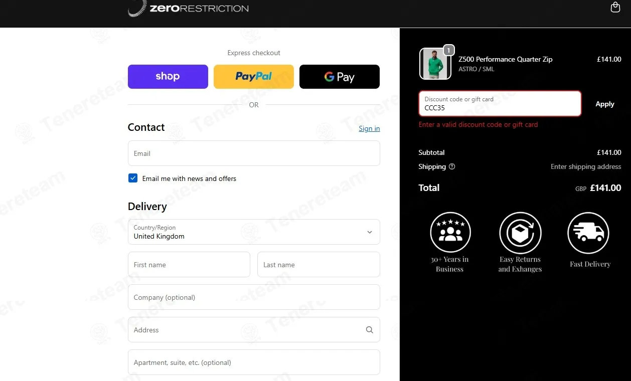 Zero Restriction coupon code: 35% off with CCC35. Tested and valid as 4 weeks ago.