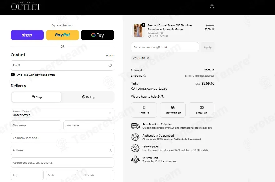 The Dress Outlet coupon code: 10% off with Go10. Tested and valid as 1 month ago.