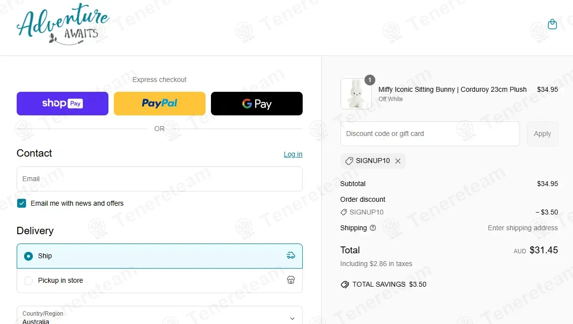 Adventure Awaits coupon code: 10% off with SIGNUP10. Tested and valid as 1 year ago.