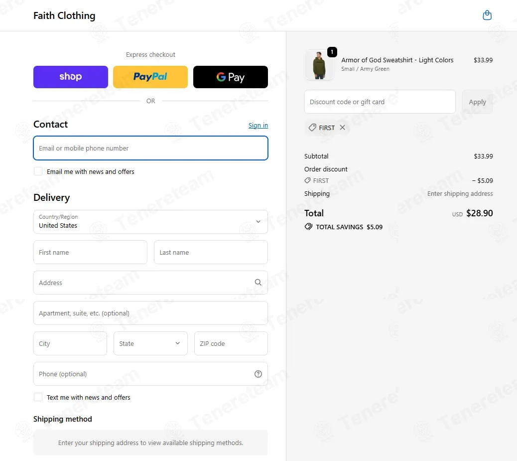 Faith Clothing coupon code: 15% off with FIRST. Tested and valid as 1 month ago.