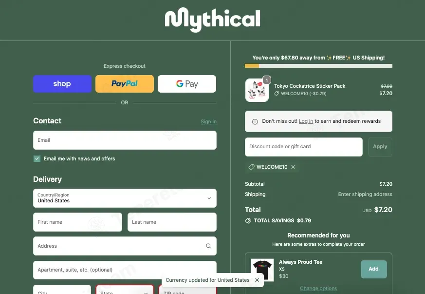 Mythical Store coupon code: 10% off with WELCOME10. Tested and valid as 5 months ago.