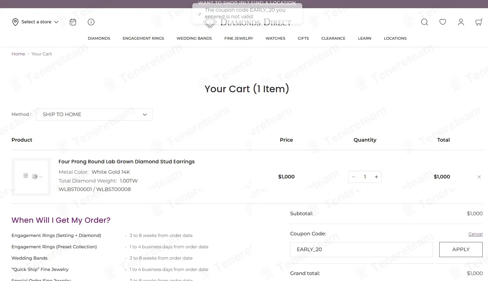 Diamonds Direct coupon code: 20% off with EARLY_20. Tested and valid as 3 months ago.
