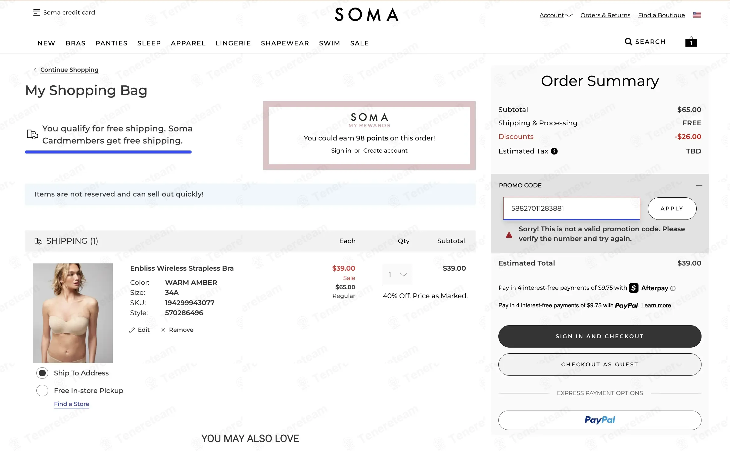Soma coupon code: 20% off with 58827011283881. Tested and valid as 2 months ago.