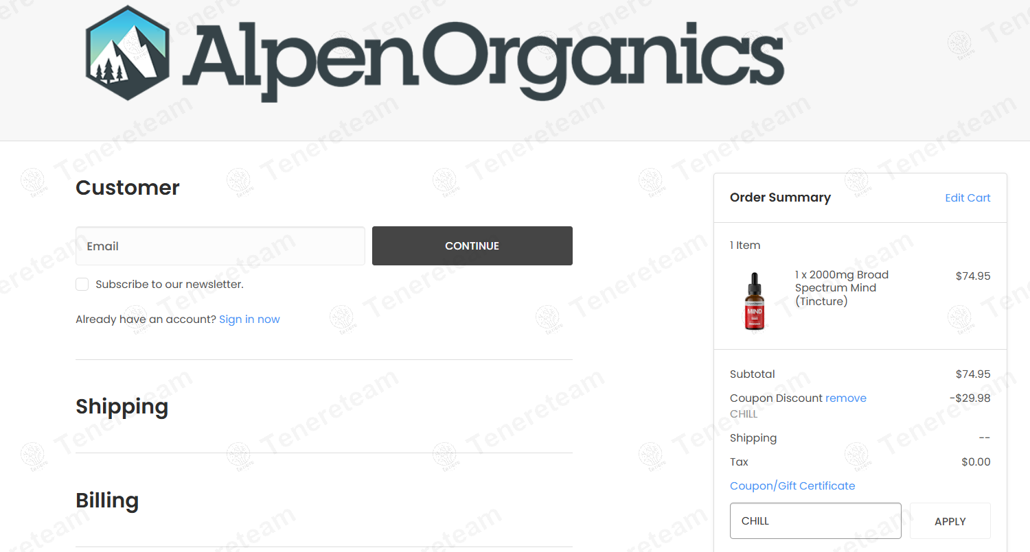 Alpen Organics coupon code: 40% off with CHILL. Tested and valid as 9 months ago.