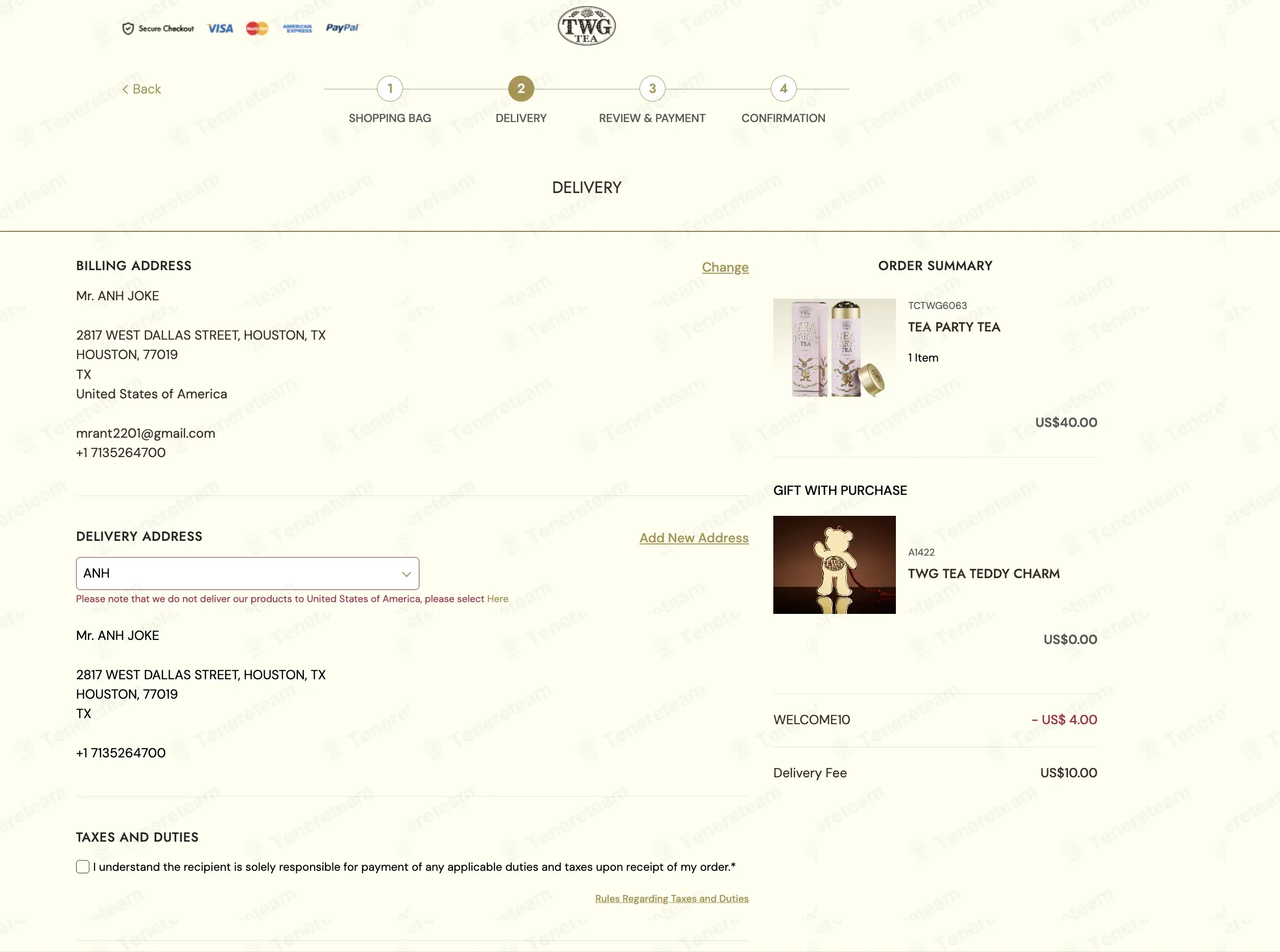 Twg Tea coupon code: 10% off with WELCOME10. Tested and valid as 9 months ago.