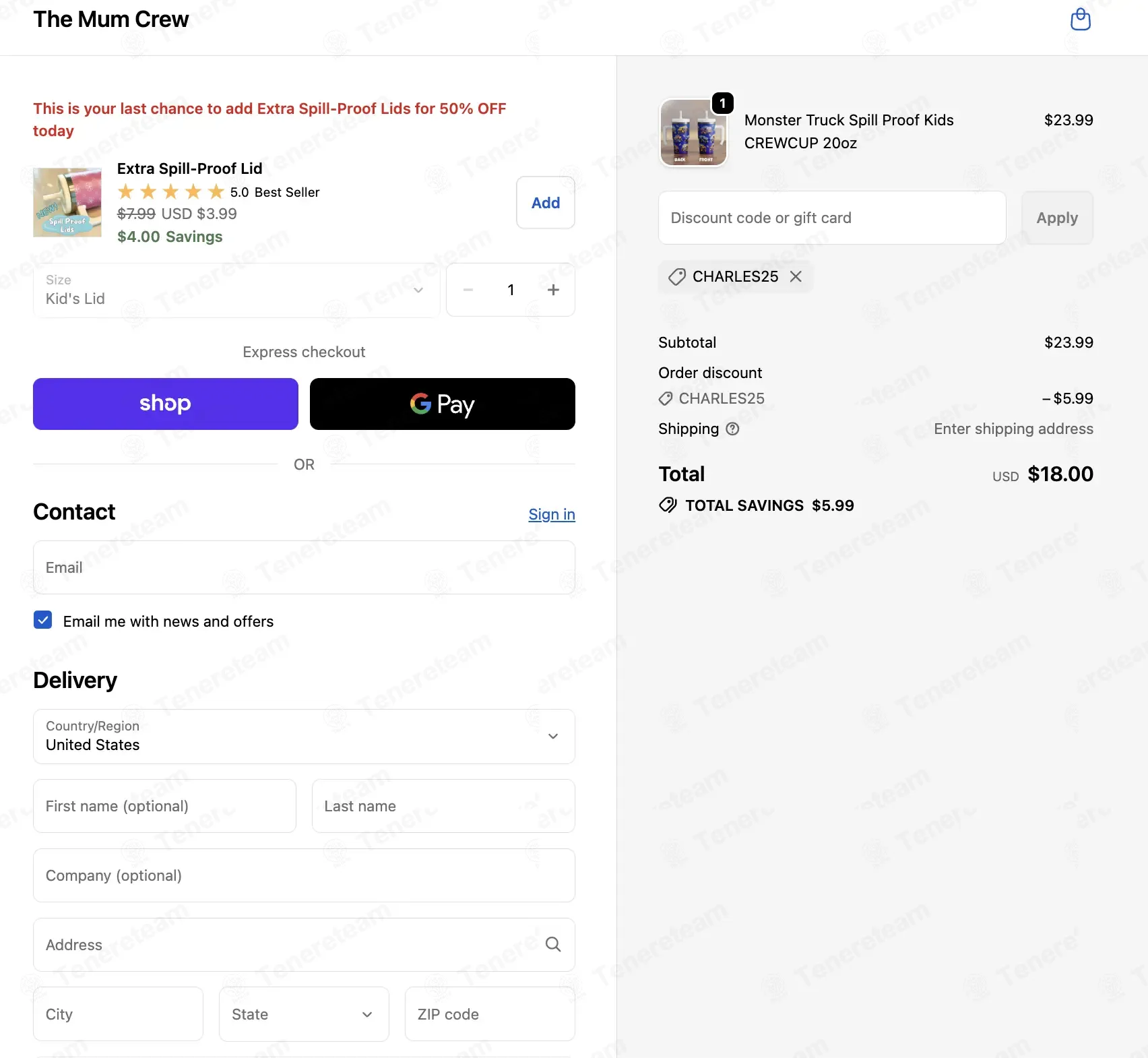 The Mum Crew coupon code: 25% off with CHARLES25. Tested and valid as 2 weeks ago.
