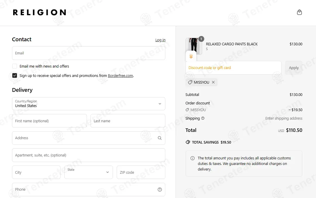 RELIGION Clothing coupon code: 15% off with MISSYOU. Tested and valid as 1 year ago.