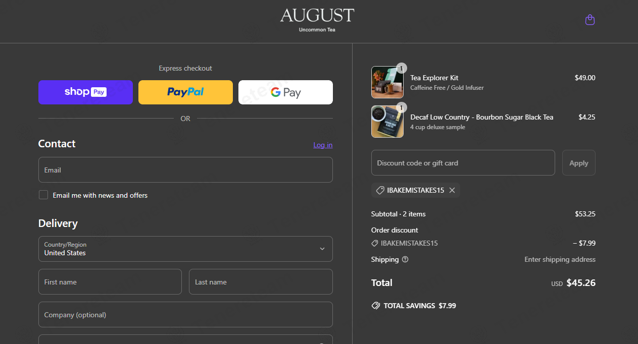 August Uncommon Tea coupon code: 15% off with IBAKEMISTAKES15. Tested and valid as 1 year ago.