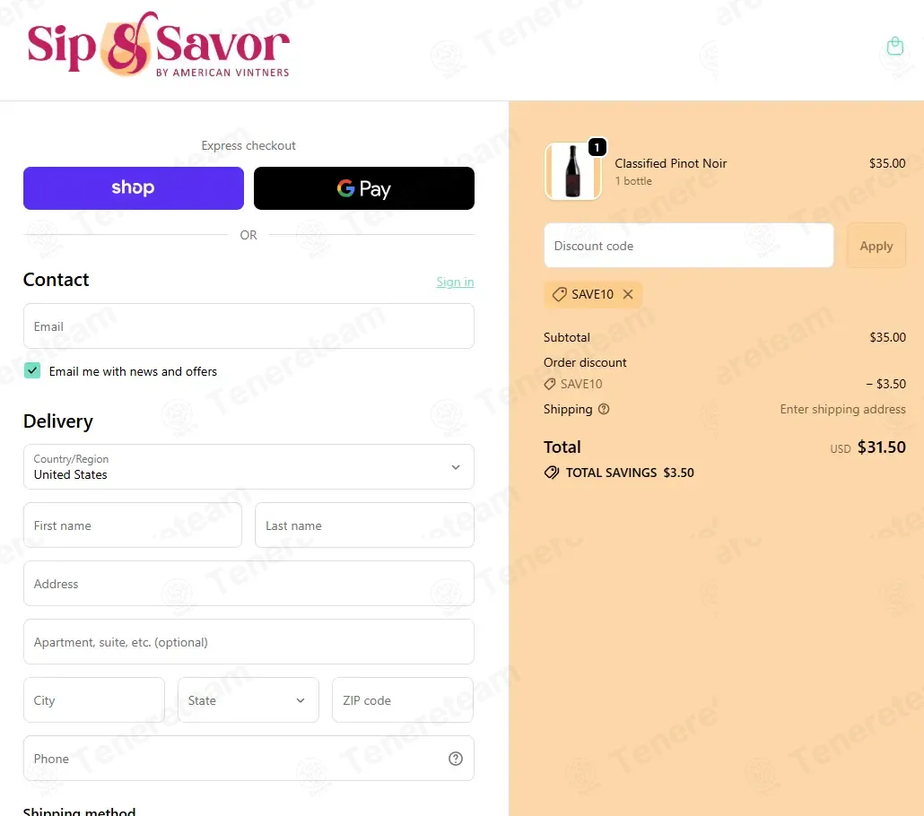 Sip and Savor coupon code: 10% off with SAVE10. Tested and valid as 8 months ago.