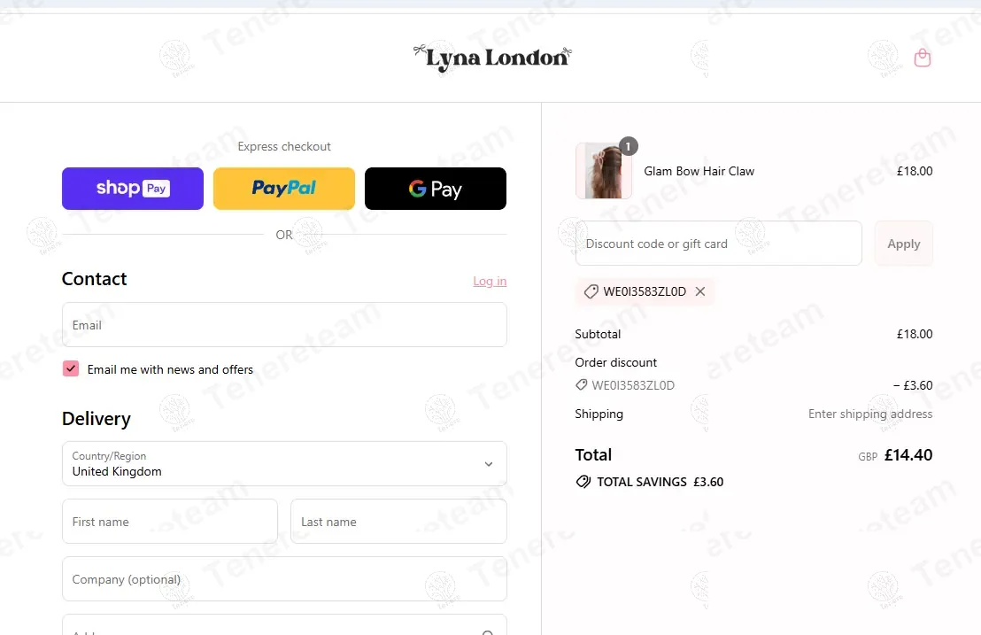 Lyna London coupon code: 20% off with WE0I3583ZL0D. Tested and valid as 10 months ago.