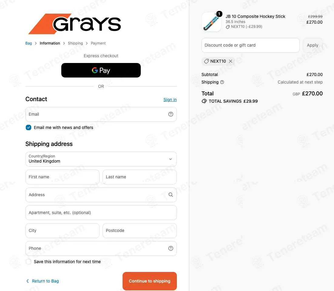 Grays Hockey coupon code: 10% off with NEXT10. Tested and valid as 2 weeks ago.