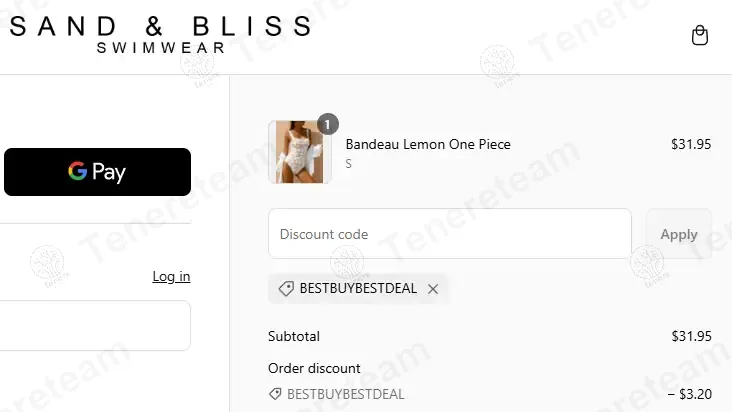 Sand & Bliss Swimwear coupon code: 10% off with BESTBUYBESTDEAL. Tested and valid as 8 months ago.