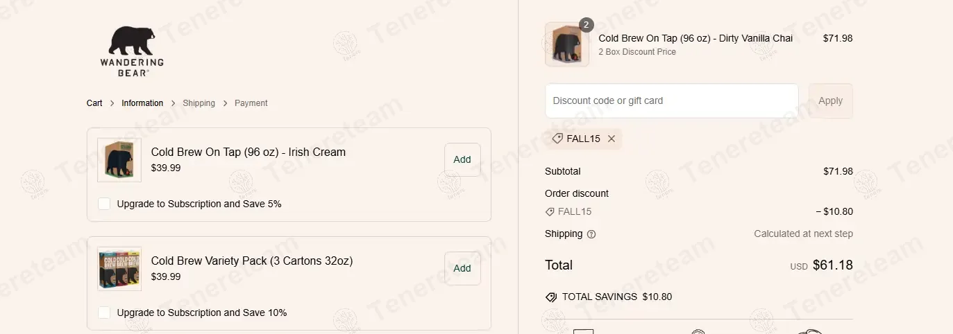 Wandering Bear Coffee coupon code: 15% off with FALL15. Tested and valid as 1 year ago.