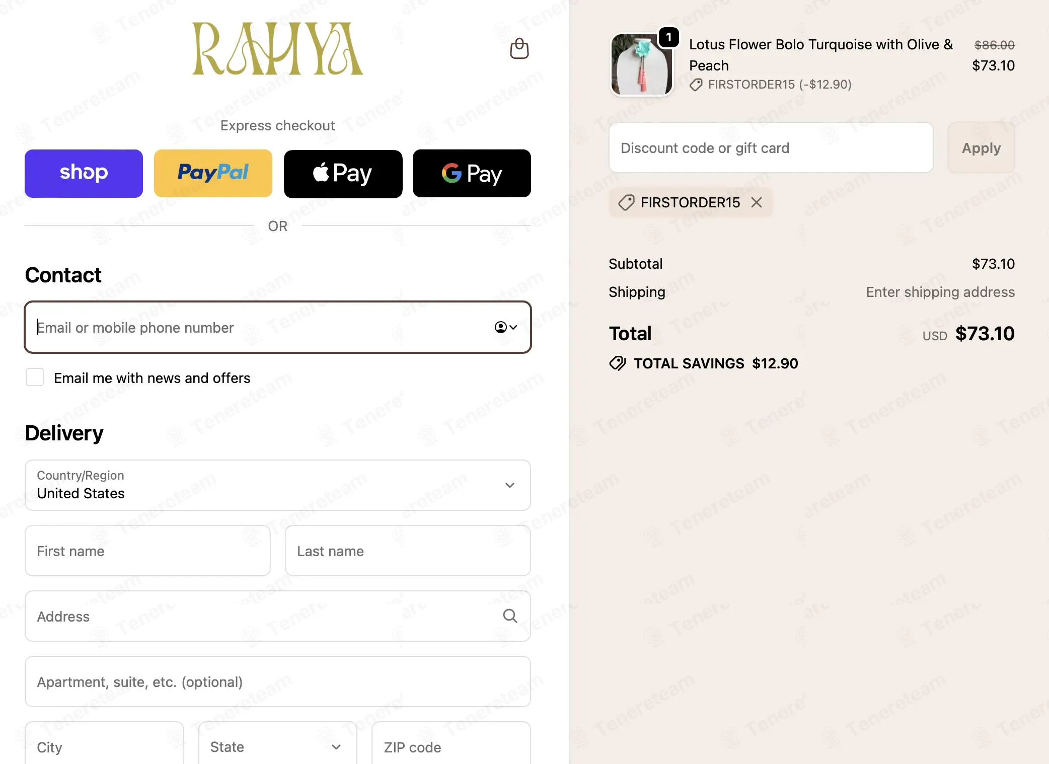 Rahya Jewelry Design coupon code: 15% off with FIRSTORDER15. Tested and valid as 1 month ago.