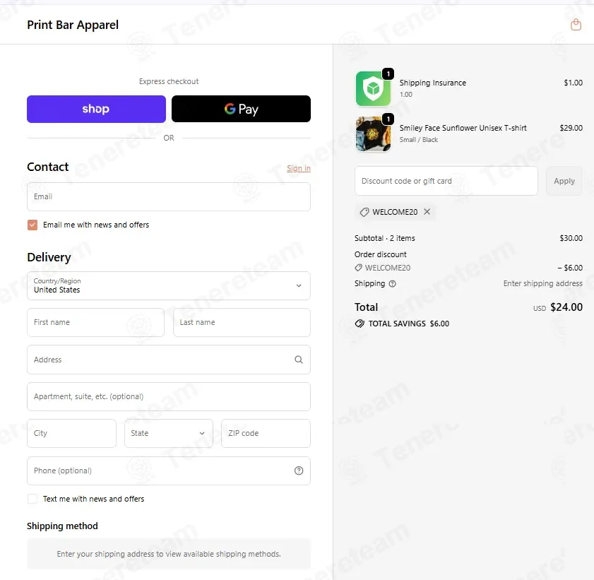 The Print Bar Apparel coupon code: 20% off with WELCOME20. Tested and valid as 1 month ago.