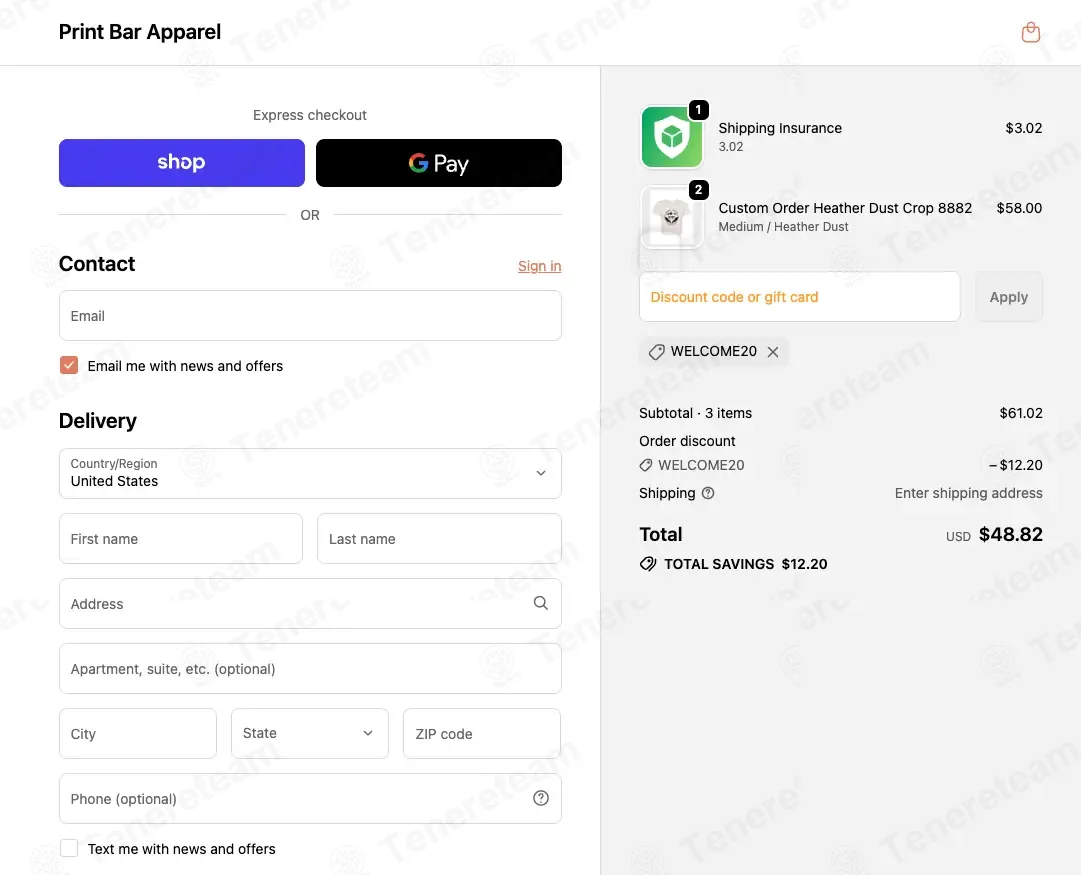 The Print Bar Apparel coupon code: 20% off with WELCOME20. Tested and valid as 1 month ago.