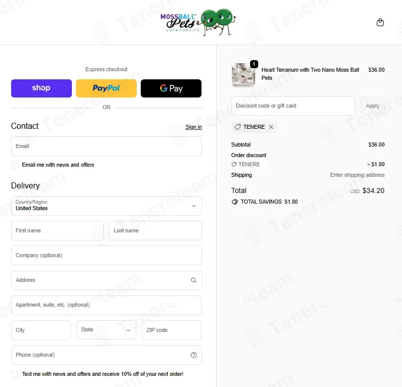 Moss Ball Pets coupon code: 5% off with TENERE. Tested and valid as 1 month ago.