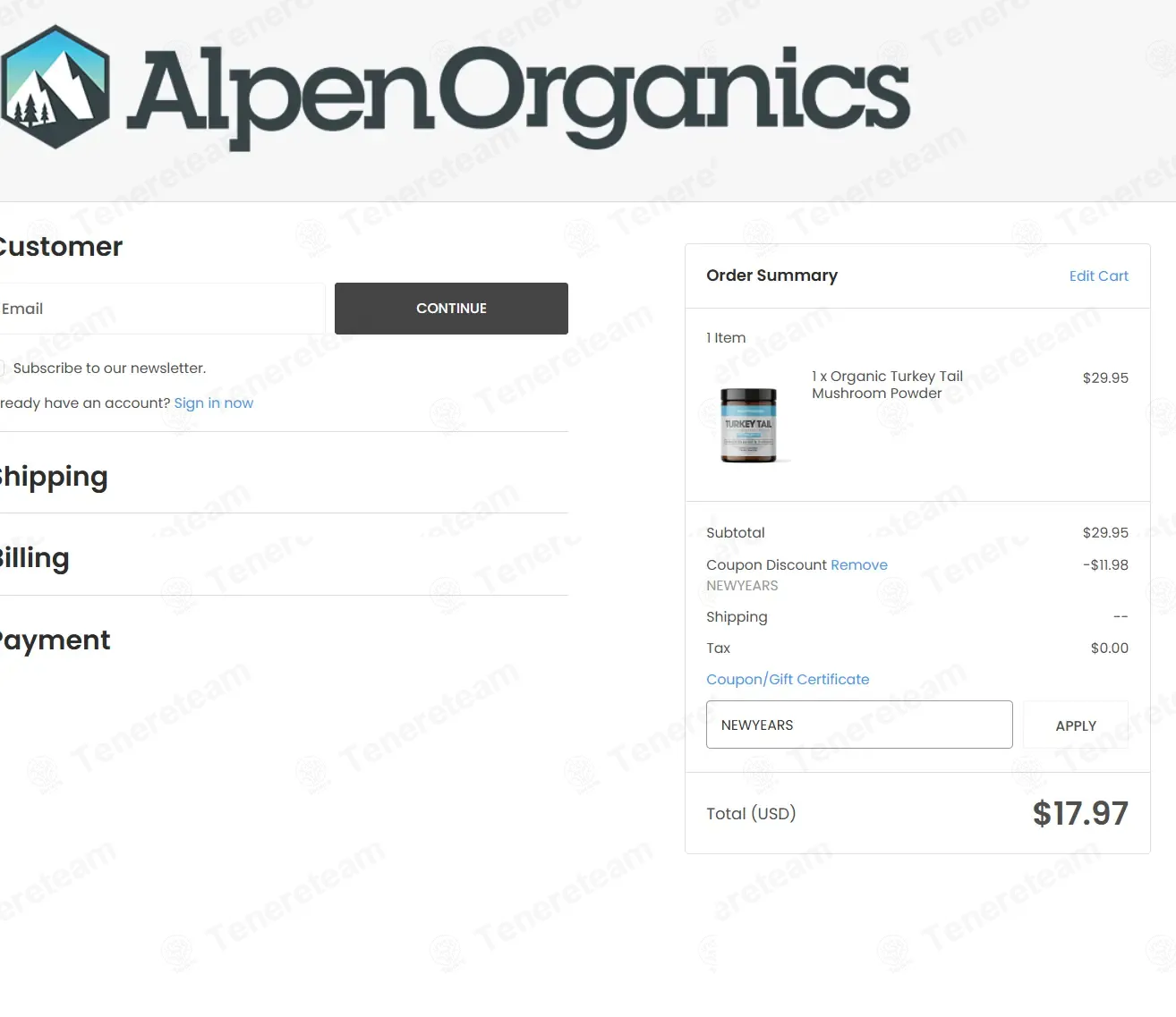 Alpen Organics coupon code: 40% off with NEWYEARS. Tested and valid as 9 months ago.