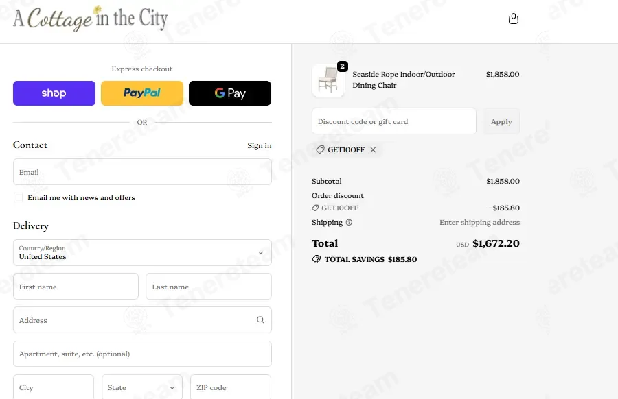 A Cottage in the City coupon code: 10% off with GET10OFF. Tested and valid as 2 weeks ago.
