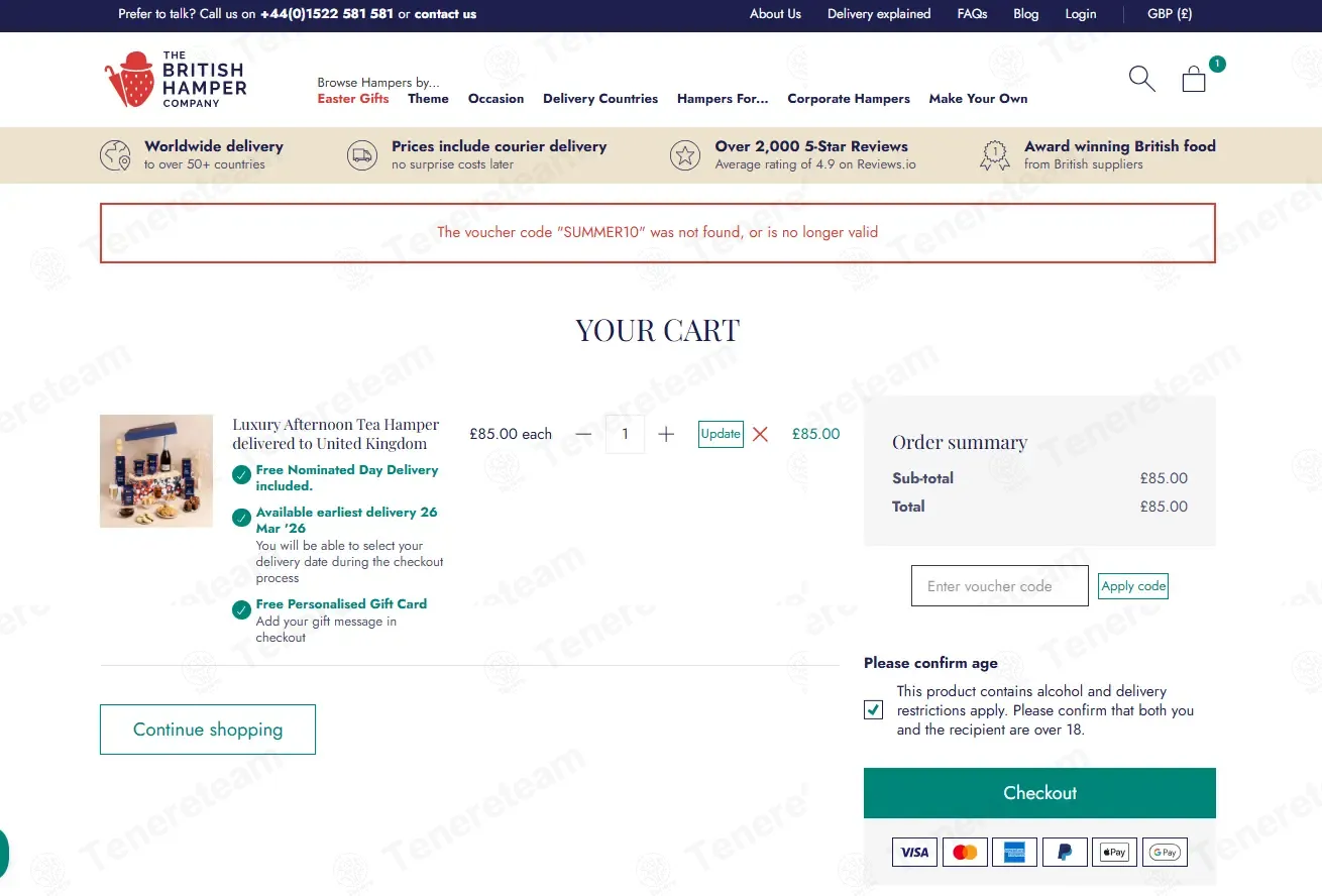 The British Hamper Company coupon code: 10% off with SUMMER10. Tested and valid as 2 months ago.