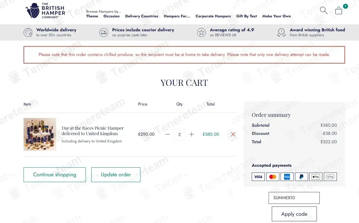 The British Hamper Company coupon code: 10% off with SUMMER10. Tested and valid as 2 months ago.