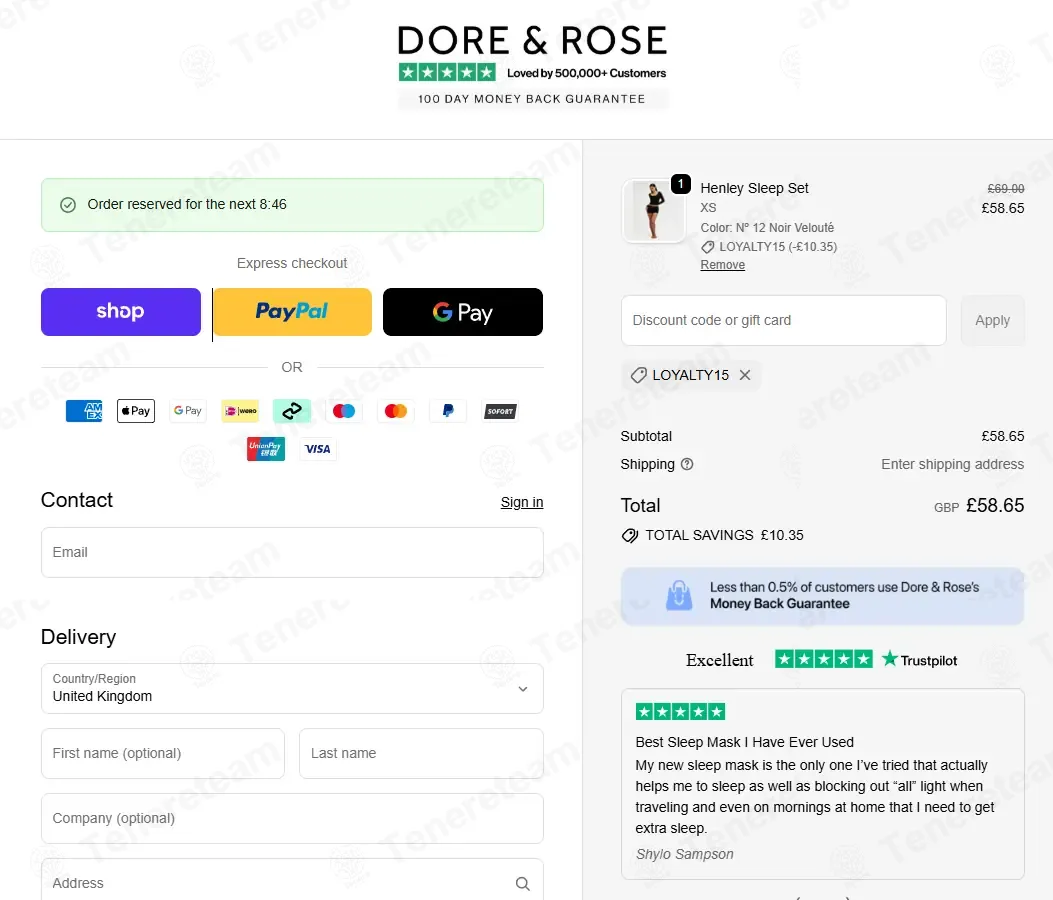 Dore & Rose coupon code: 15% off with LOYALTY15. Tested and valid as 3 weeks ago.