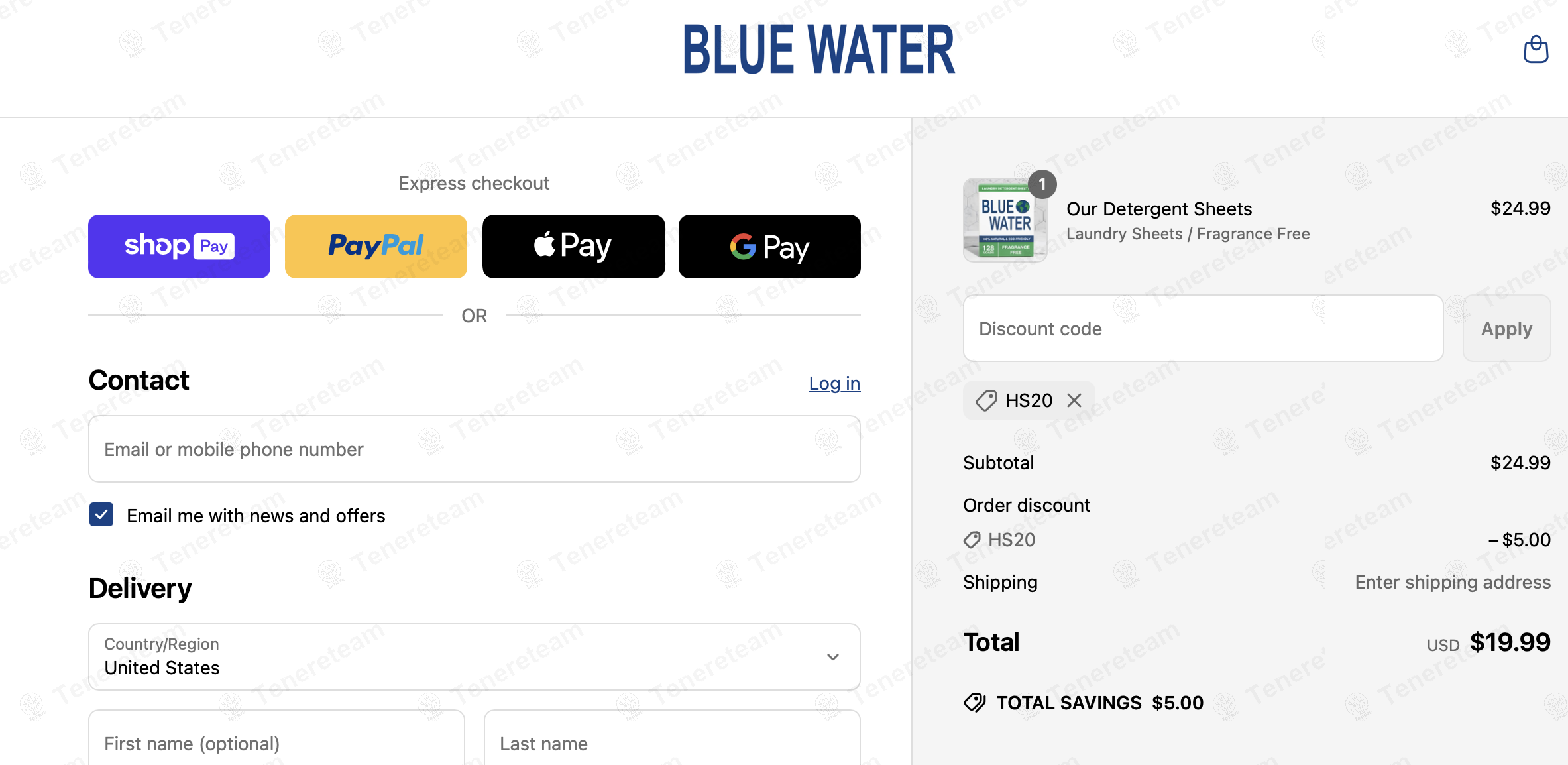 Blue Water coupon code: 20% off with hs20. Tested and valid as 7 months ago.