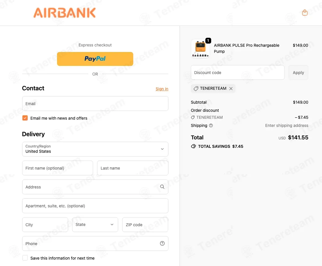 Air Bank Pump coupon code: 5% off with TENERETEAM. Tested and valid as 2 minutes ago.