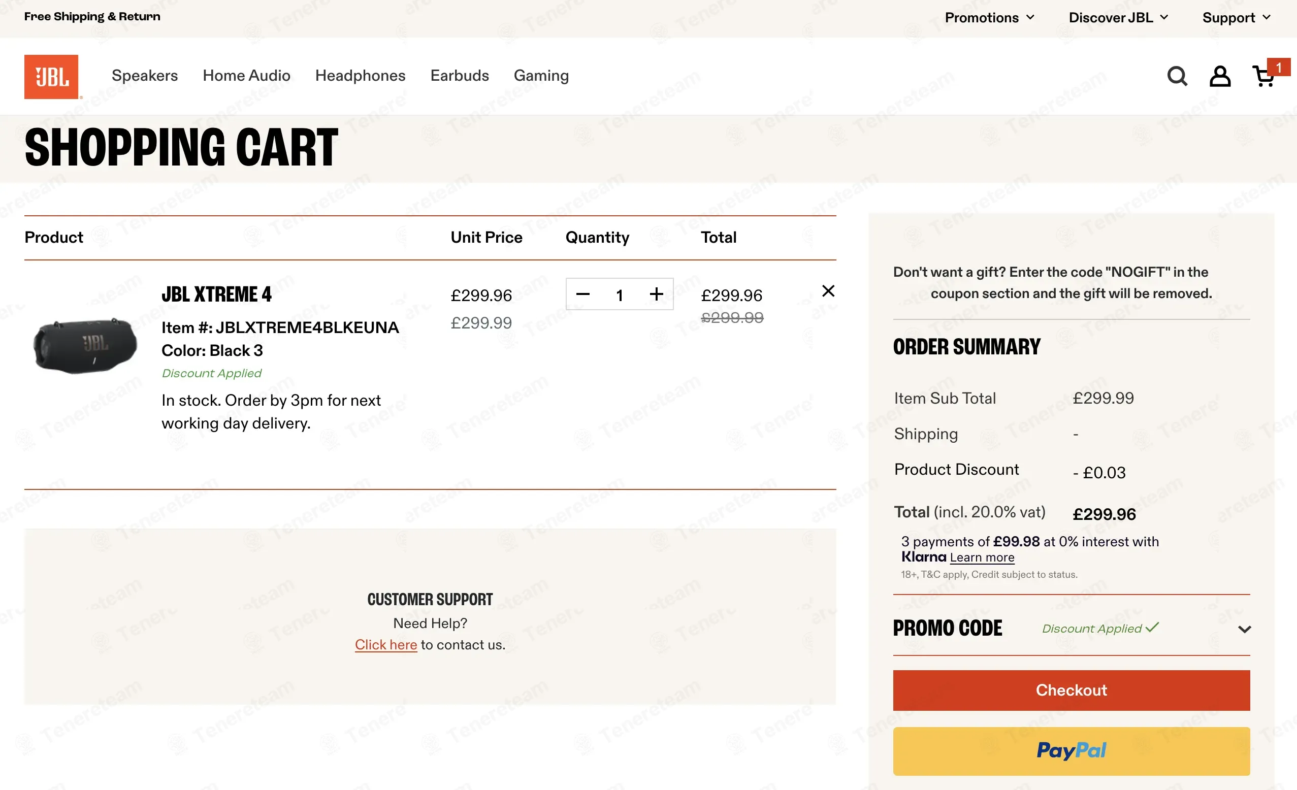 JBL UK coupon code: £1 off with NOGIFT. Tested and valid as 1 day ago.