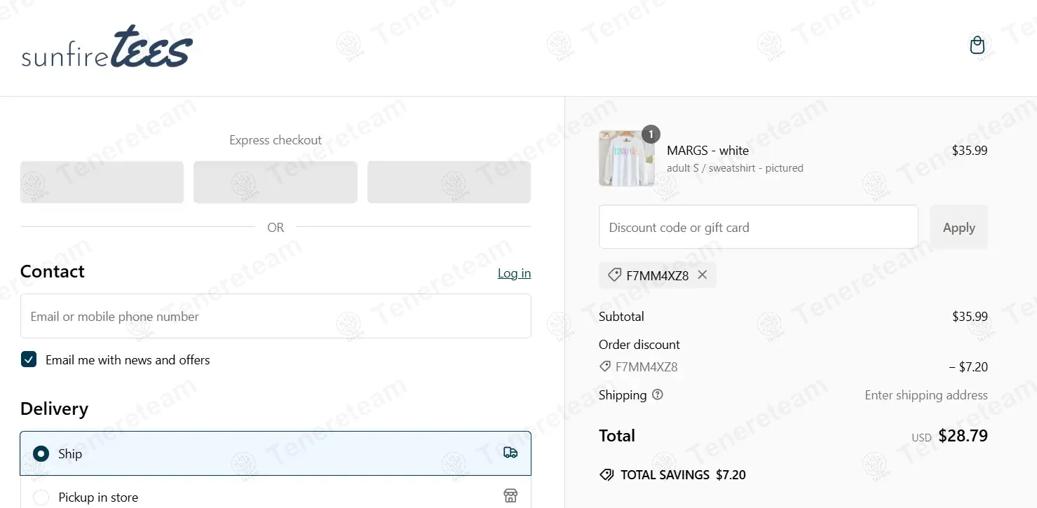 Sunfire Tees coupon code: 15% off with F7MM4XZ8. Tested and valid as 1 year ago.