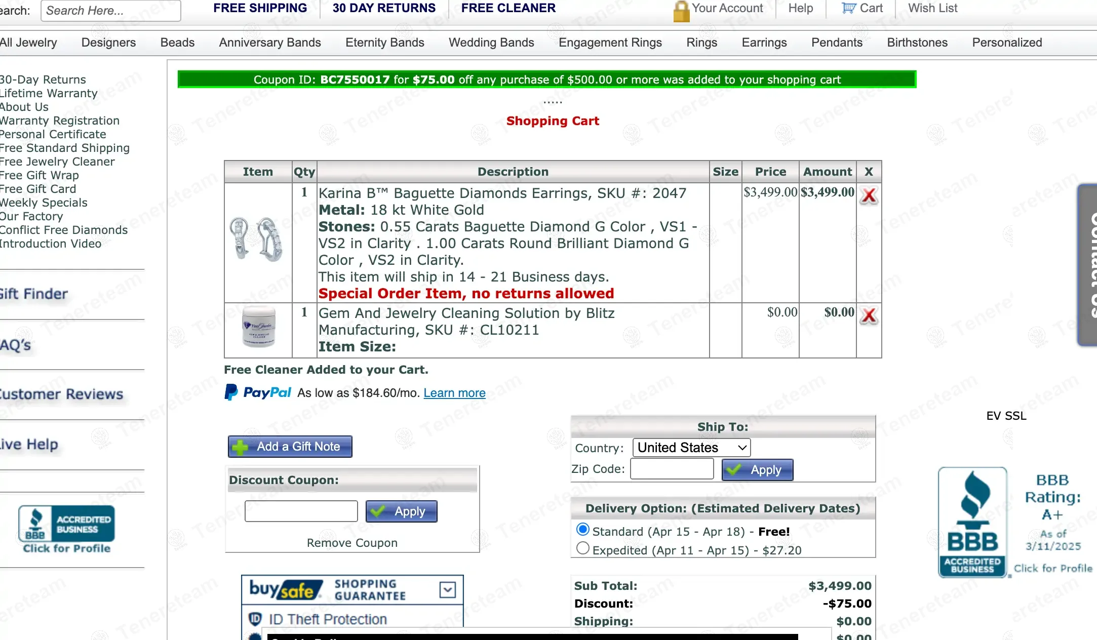 Fine Jewelers coupon code: $75 off with BC7550017. Tested and valid as 1 year ago.