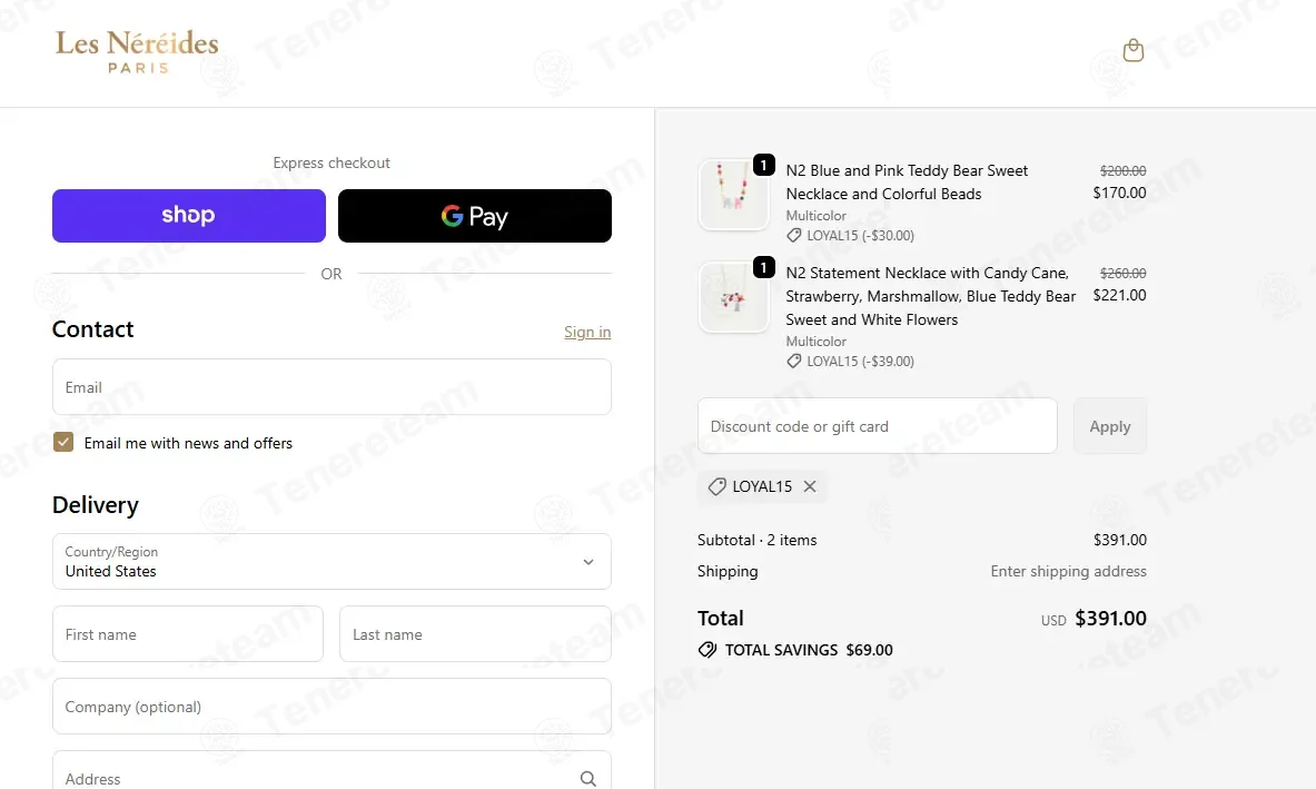 Les Nereides coupon code: 15% off with LOYAL15. Tested and valid as 8 months ago.