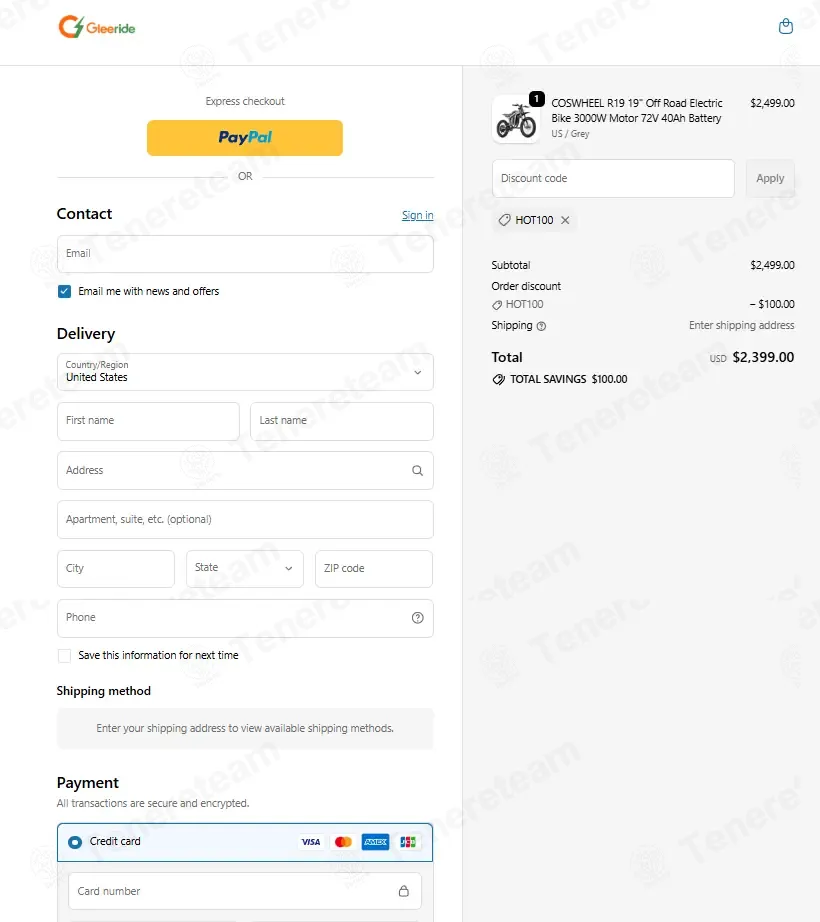 Gleeride coupon code: $100 off with HOT100. Tested and valid as 1 week ago.