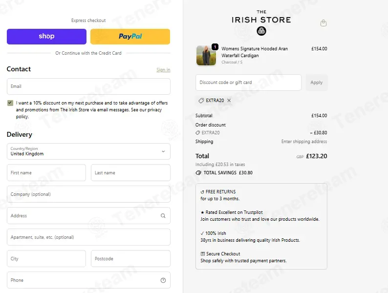 The Irish Store coupon code: 20% off with EXTRA20. Tested and valid as 2 months ago.