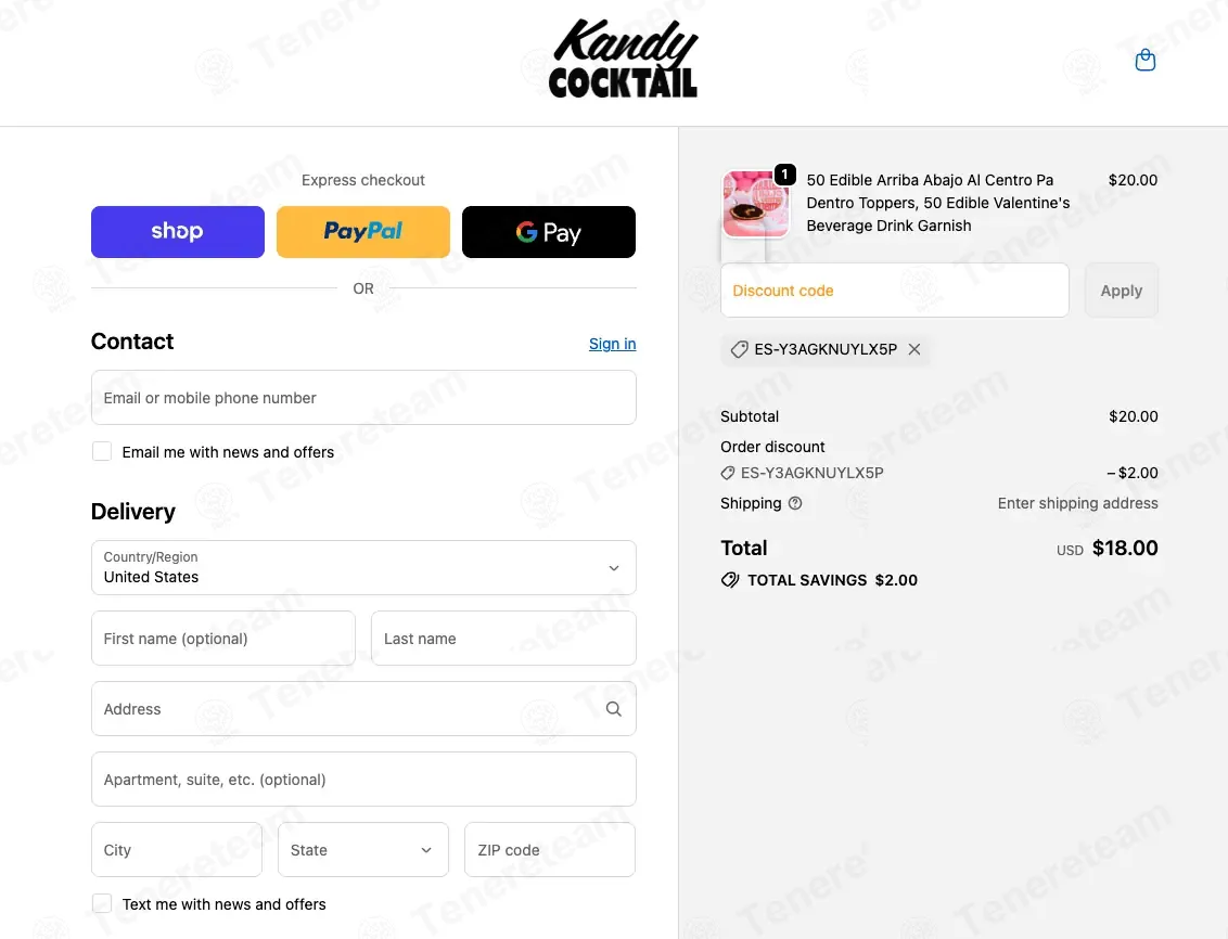 Kandy Cocktail coupon code: 10% off with ES-Y3AGKNUYLX5P. Tested and valid as 4 weeks ago.