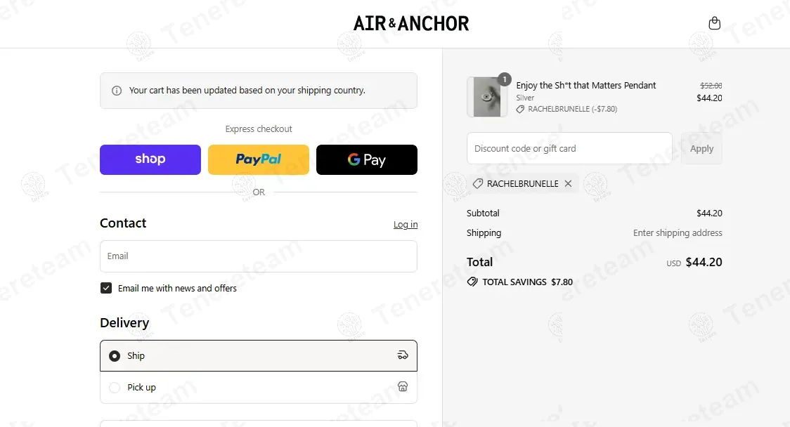 Air And Anchor coupon code: 15% off with RACHELBRUNELLE. Tested and valid as 9 months ago.