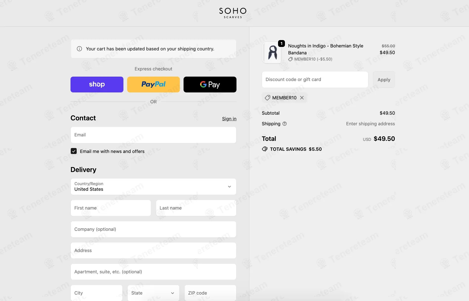 Soho Scarves coupon code: 10% off with MEMBER10. Tested and valid as 6 months ago.