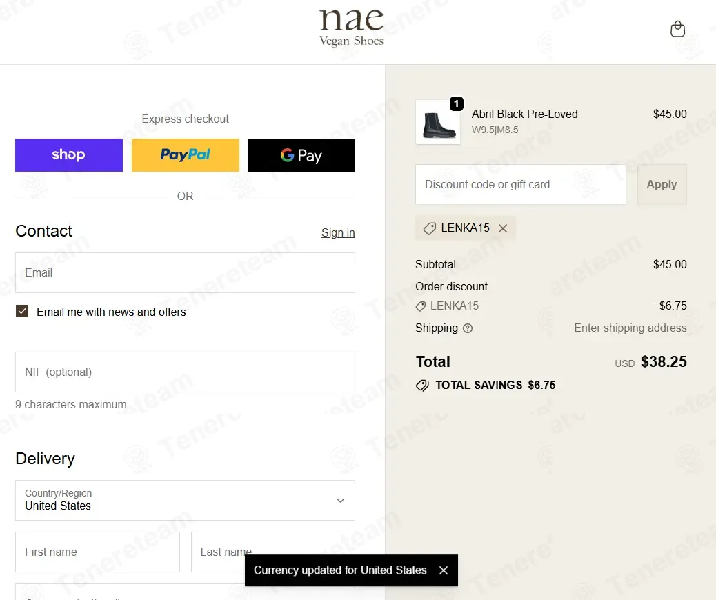 Nae Vegan Shoes coupon code: 15% off with LENKA15. Tested and valid as 1 month ago.