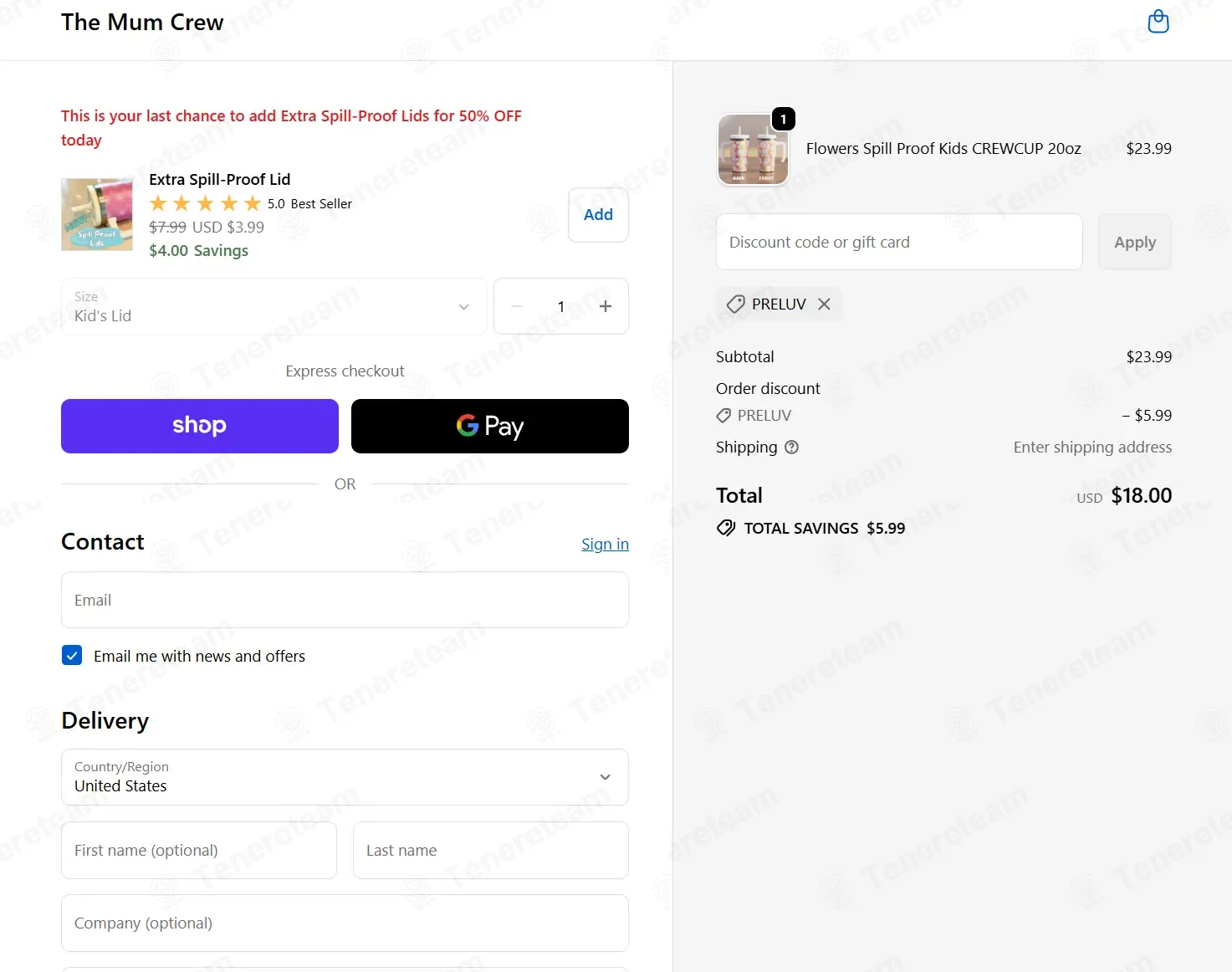 The Mum Crew coupon code: 25% off with PRELUV. Tested and valid as 2 weeks ago.