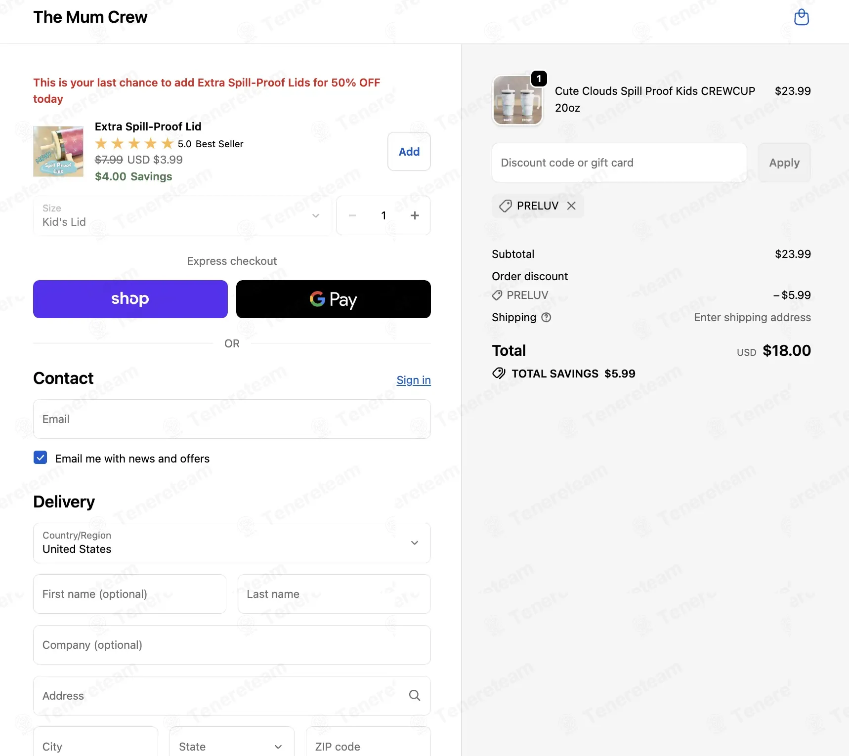 The Mum Crew coupon code: 25% off with PRELUV. Tested and valid as 2 weeks ago.