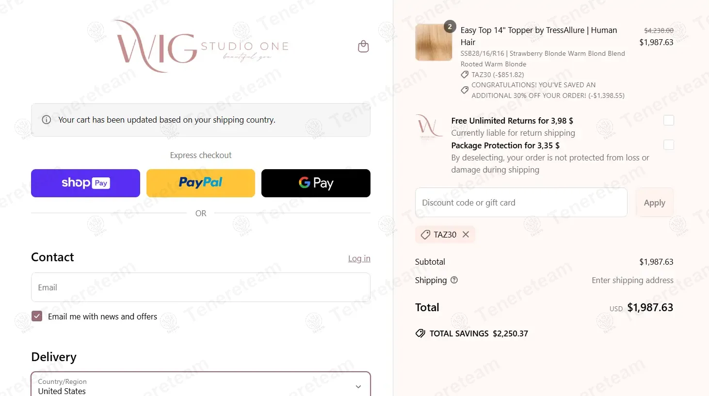 Wig Studio 1 coupon code: 30% off with TAZ30. Tested and valid as 10 months ago.