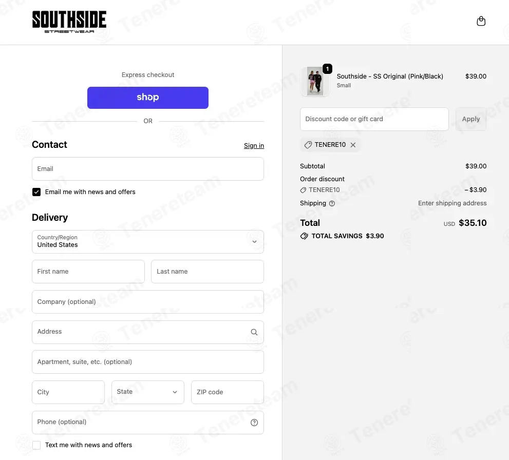 Southside Streetwear coupon code: 10% off with TENERE10. Tested and valid as 1 month ago.