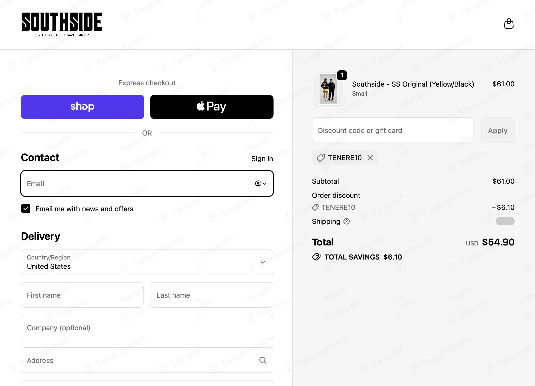 Southside Streetwear coupon code: 10% off with TENERE10. Tested and valid as 1 month ago.