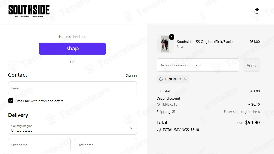 Southside Streetwear coupon code: 10% off with TENERE10. Tested and valid as 1 month ago.