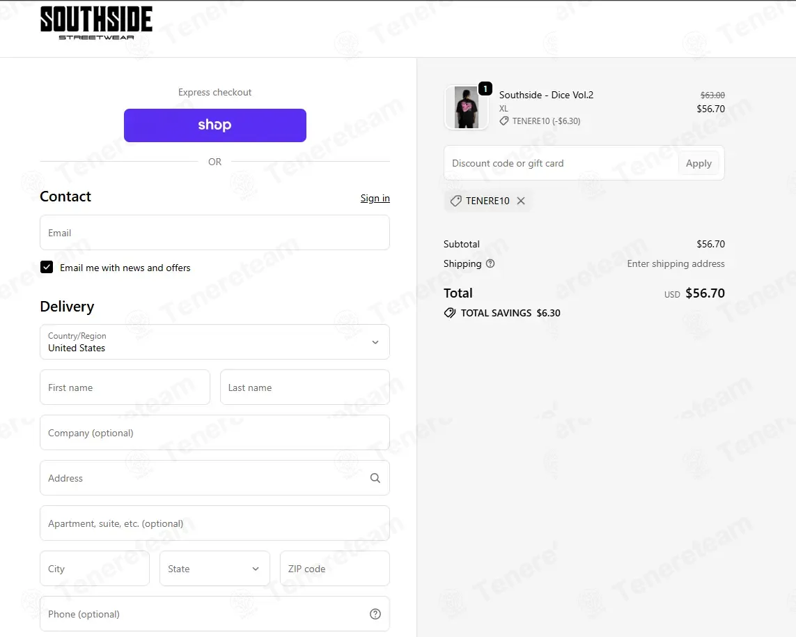Southside Streetwear coupon code: 10% off with TENERE10. Tested and valid as 1 month ago.