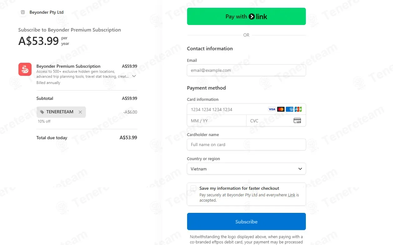 Stripe Buy coupon code: 10% off with TENERETEAM. Tested and valid as 3 weeks ago.