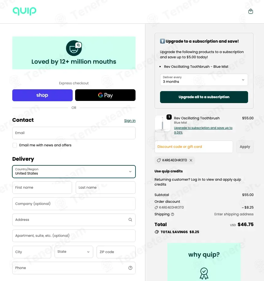 QUIP coupon code: 15% off with K4RE4E0HR3T0. Tested and valid as 1 month ago.