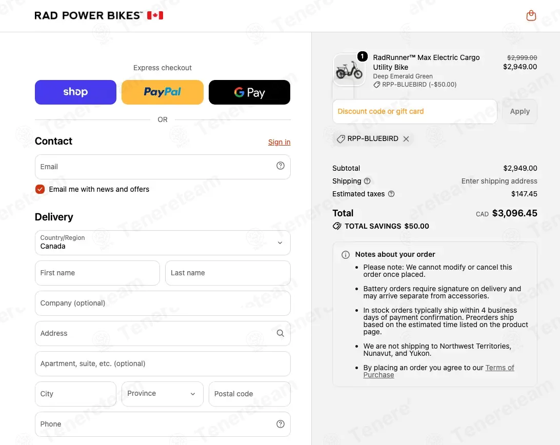 Rad Power Bikes Canada coupon code: $50 off with RPP-BLUEBIRD. Tested and valid as 3 weeks ago.