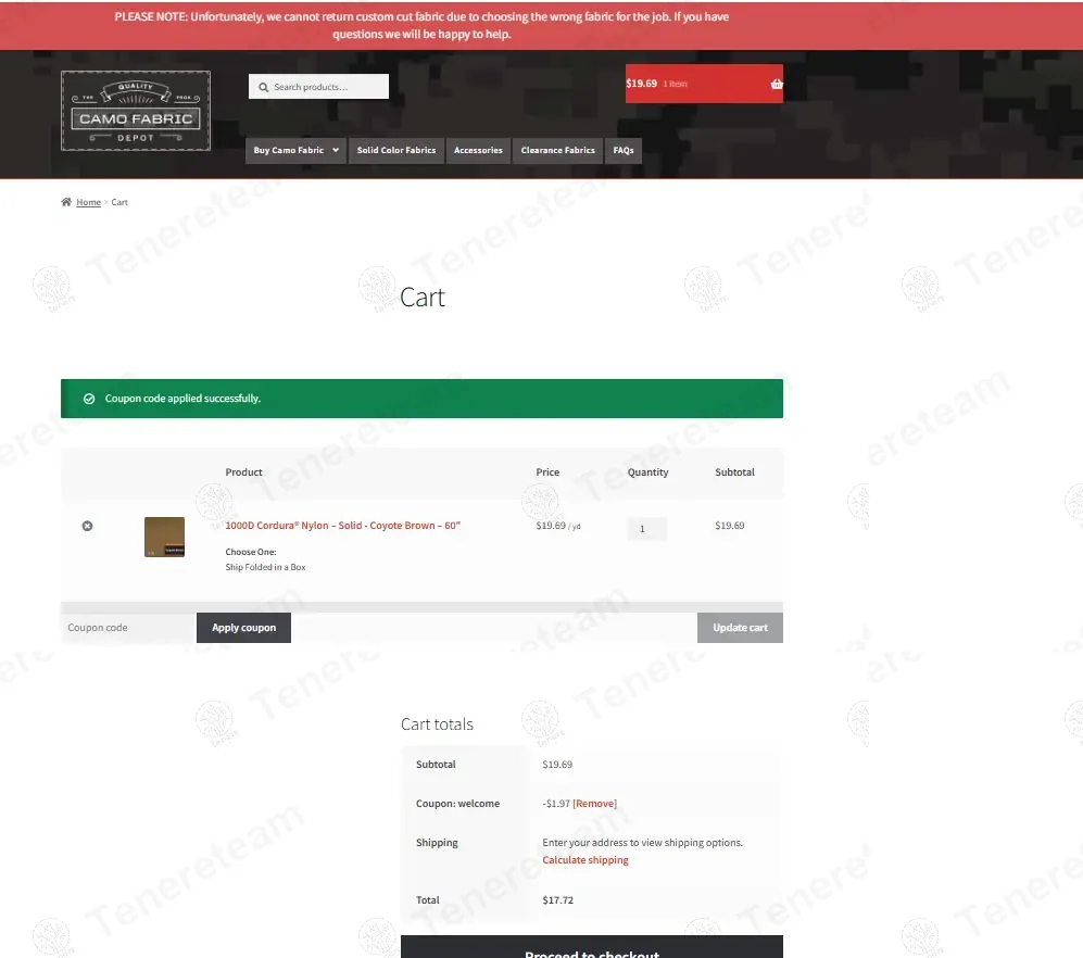 Camo Fabric Depot coupon code: 10% off with welcome. Tested and valid as 8 months ago.