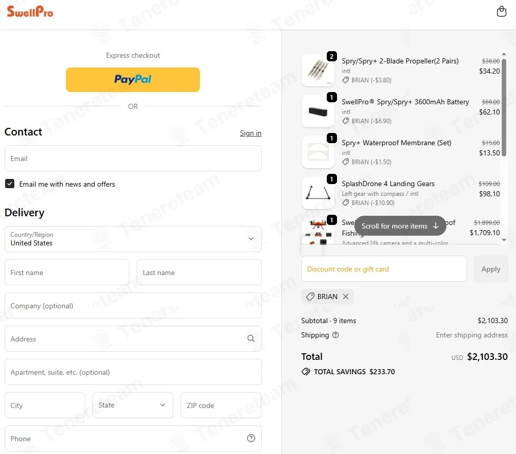 Swellpro coupon code: 10% off with BRIAN. Tested and valid as 7 months ago.
